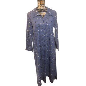 The Vermont Country Store Baby Blue White Navy Floral Cottagecore  Dress Sz L